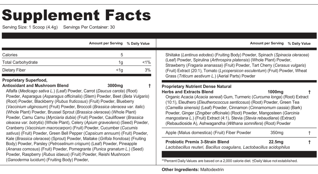 Supplement Facts for Verdure Blend